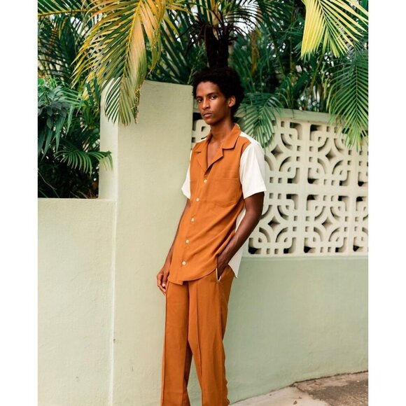 Todd Patrick Designer Cuban Shirt Button Up Brown Cream 2 Tone 2 Fabric Size XL - Picture 2 of 10